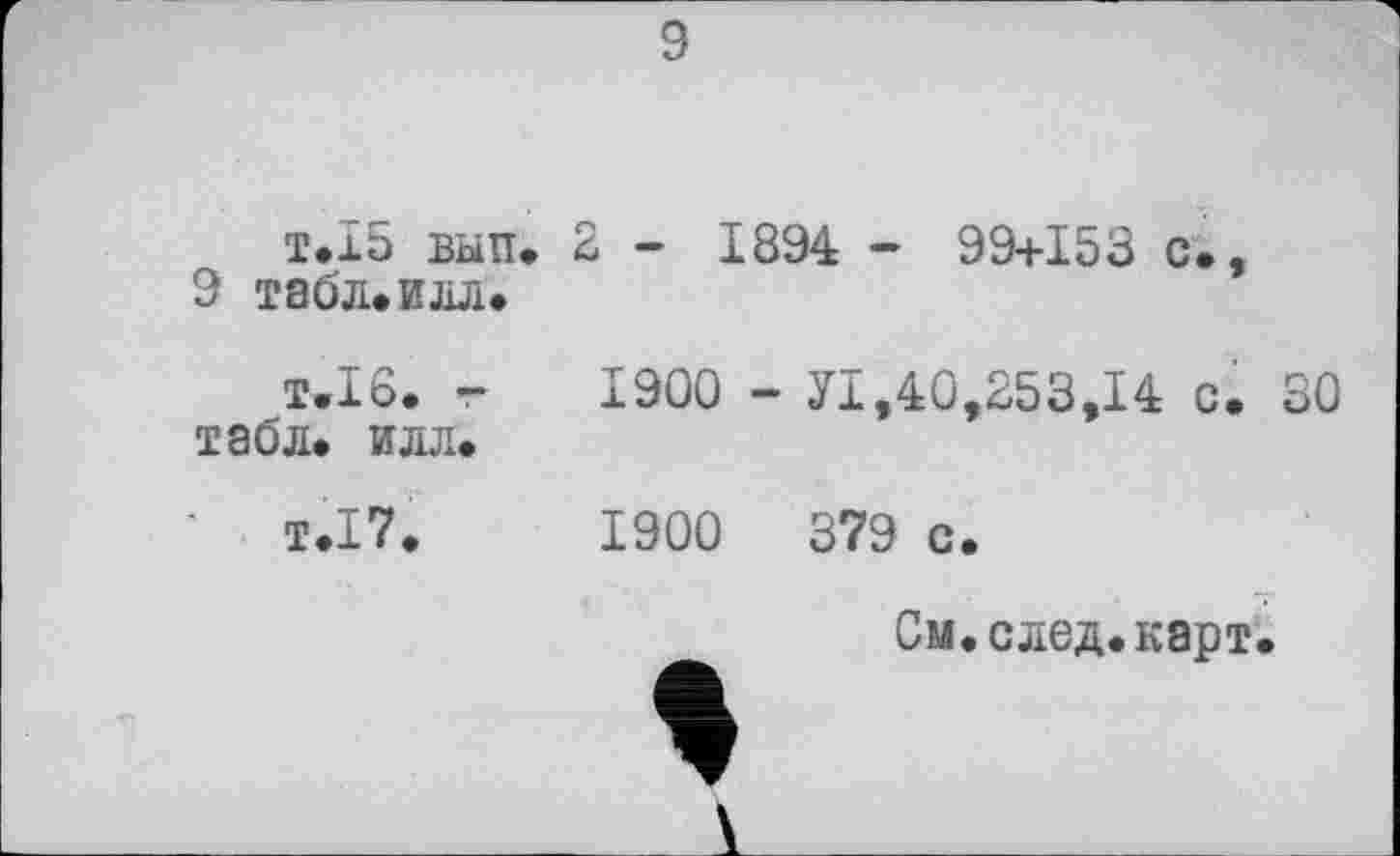 ﻿9
т.15 вып.
9 табл.илл.
т.16. г табл. илл.
т.17.
2 - 1894 - 99+153 с.,
1900 - УІ,40,253,14 с. 30
1900
379 с.
См.след.карт.